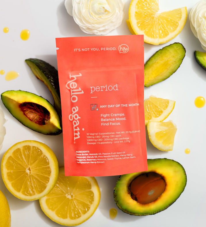 Hello Again Period product sitting next to fruits and flowers
